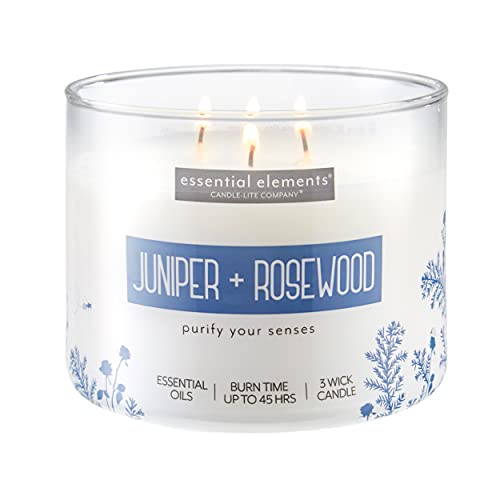 Essential Elements by Candle-lite Scented Candles, Juniper and Rosewood Fragrance, One 14.75 oz. Three-Wick Aromatherapy Candle